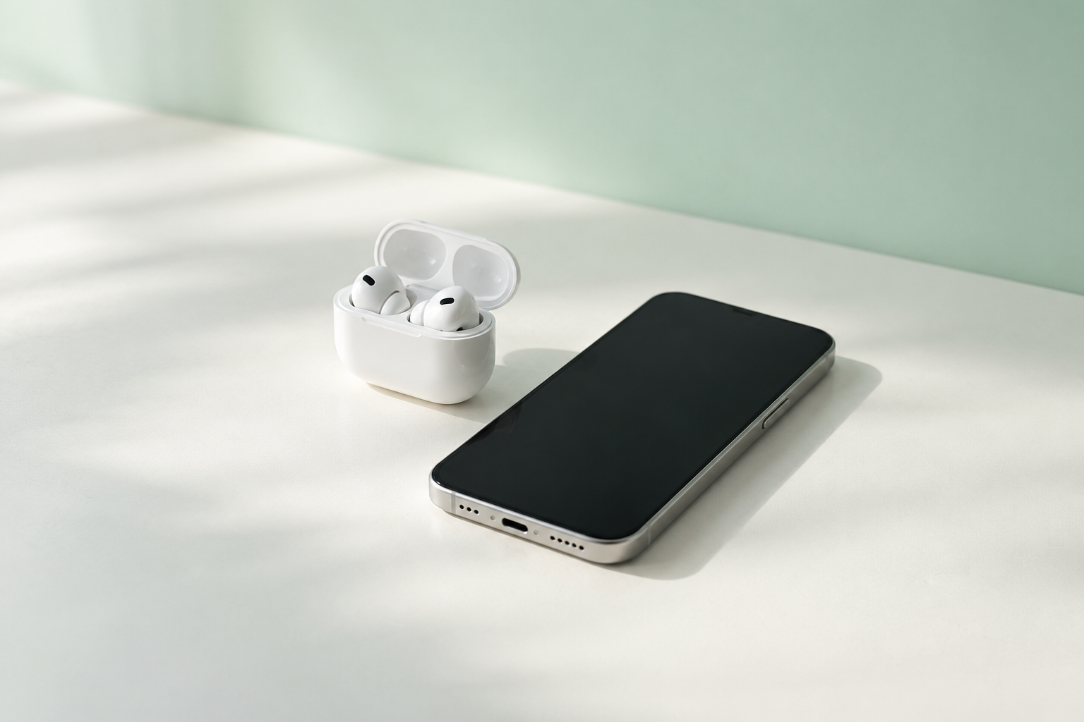 Audífonos blancos y un celular sobre un escritorio claro con luz natural y fondo verde menta
